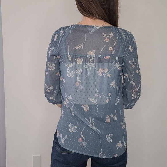 Lauren Conrad Blue Floral Swiss Dot 3/4 Sleeve Blouse Size XS - Picture 7 of 10